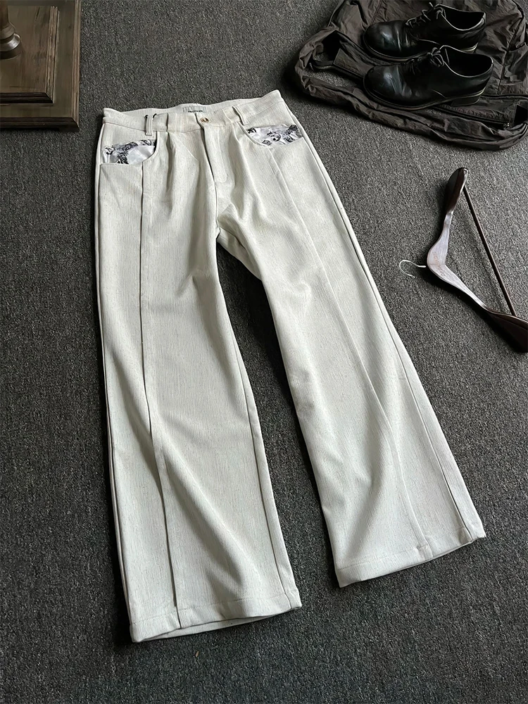 

American Retro Linen Court Floral ket Men's CleanFit Casual Straight Leg Pants Slimming Straight Cut Leisure Trousers