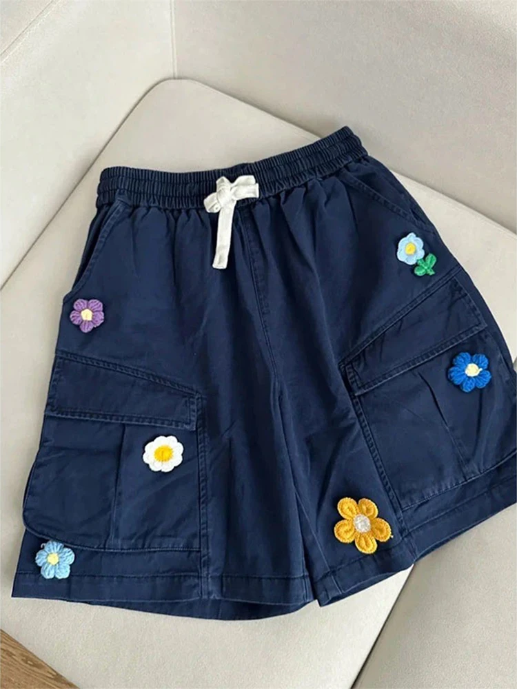 

Loose Wide Leg ort Pants Men's Workwear Summer American Retro Sle Embroidered Small Flower k Blue Trendy Brand orts