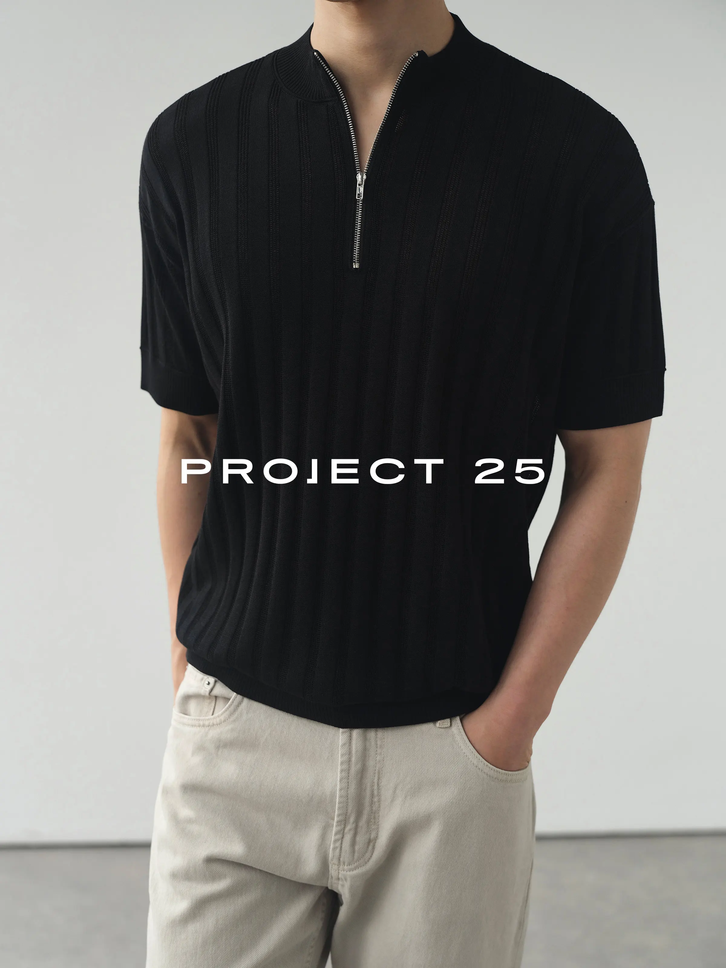 PROJECT 25 Men Half Zip Knitted T Shirt Acetate Long Staple Cotton Blend Cool Feeling Breathable