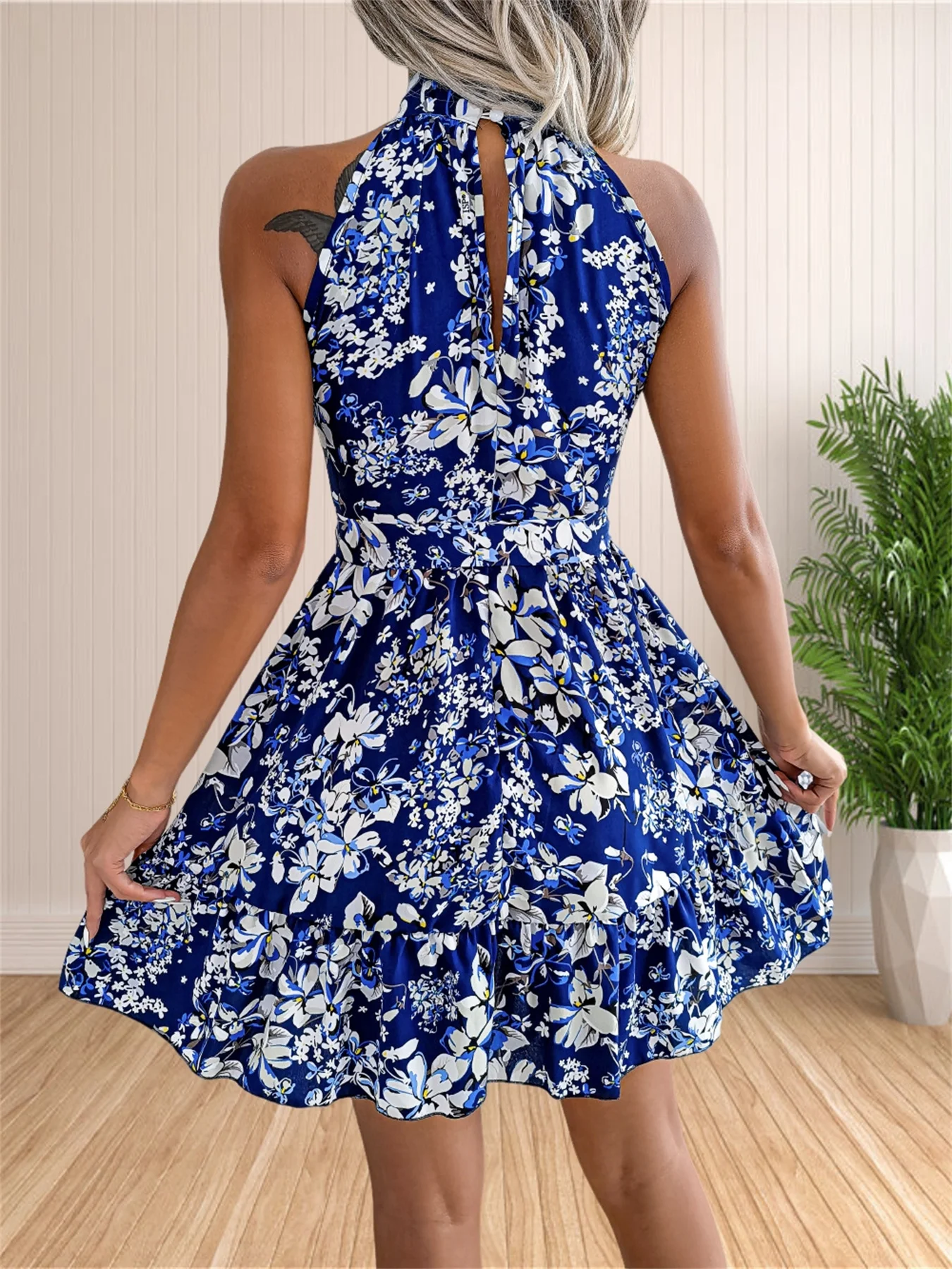 Abito estivo da donna 2024 Halter Casual senza maniche abiti da spiaggia Boho Sundress Ruffle Belted Midi Dress