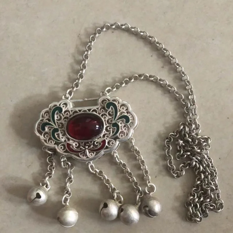 

Antique Miscellaneous Ethnic Style Retro Vintage Miao Silver Hollow Necklace Vintage Miao Silver Pendant Sweater Chain