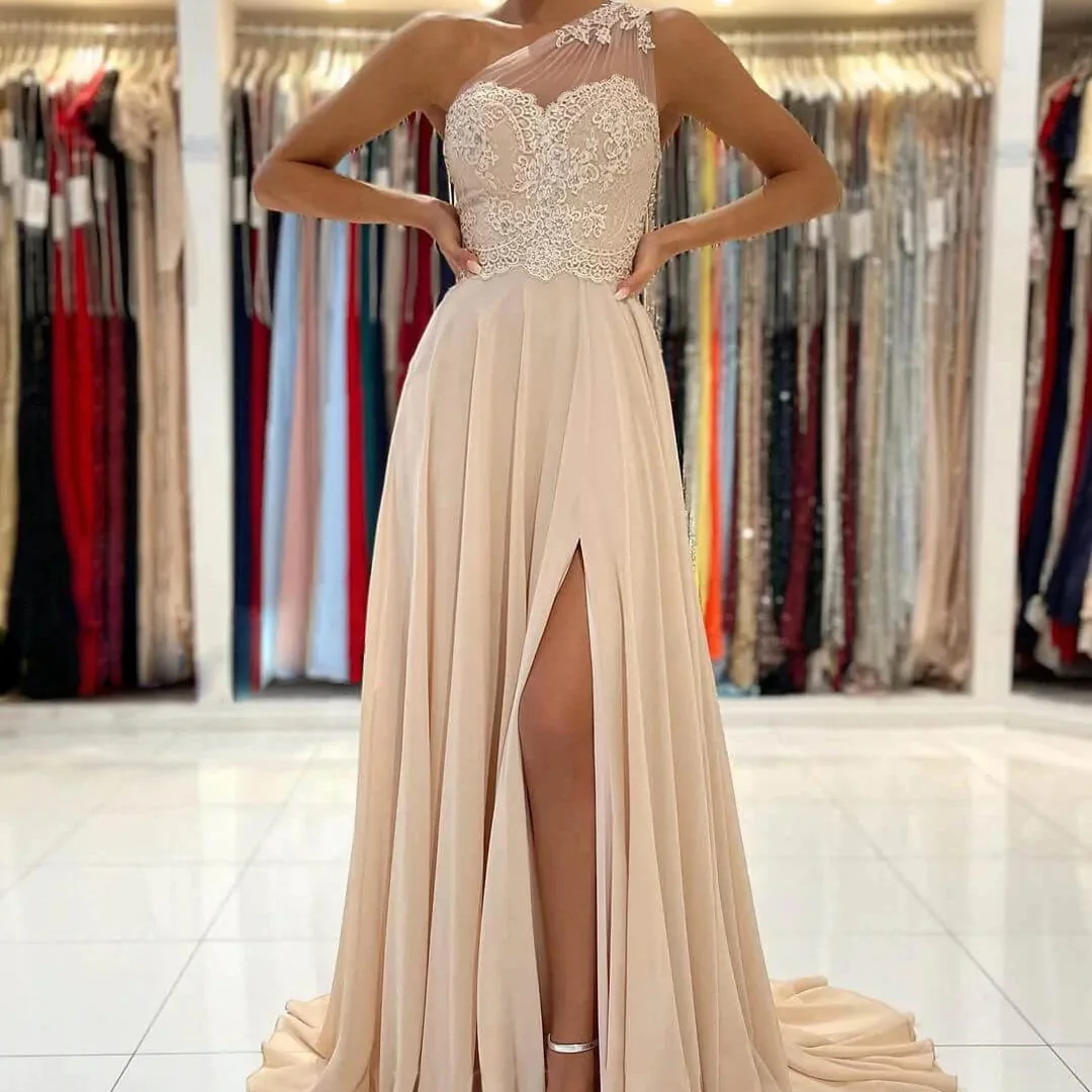 

Elegant A-Line One Shoulder Prom Dress Lace Chiffon Bridesmaid Dresses for Wedding Guest Party Evening Gowns Customized