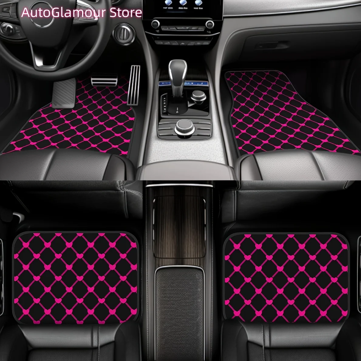 General Car Mats in a 2D Pink Love Theme, Designed for Both Front And Rear Seats, Suitable for All Vehicles. These Stylish And D