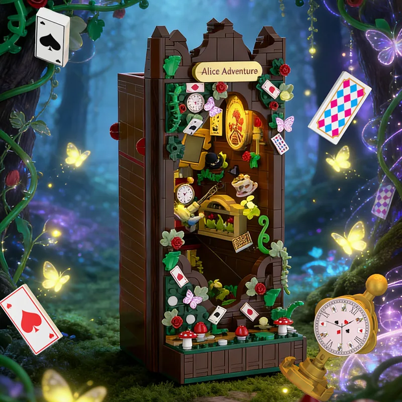 1068PCS Fairyland Reflection Book Stand Building Blocks Creative Book Nook Study Book Storage Assembly Brick Toy Bookend Gift