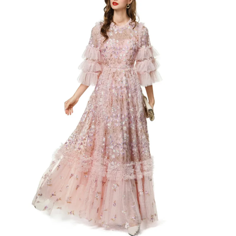 Qmqa moda feminina elegante vestido bordado rosa meados de manga em camadas plissado vestido grande balanço vestidos de noite 2025 novo qm705