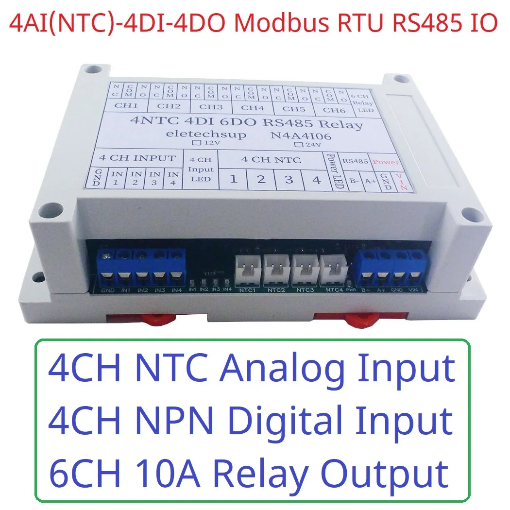 

14CH Multifunction RS485 Network Bus NTC Temperature Collector Modbus RTU PLC Remote IO Analog Digital Expander 4AI-4DI-6DO