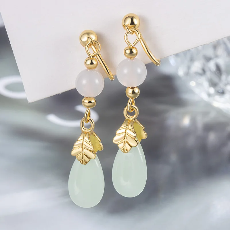 Chinese National style Hotan Jade Eardrop Water Drop Ear Clip For Women Temperament 925 Gold Color Leaf Earrings KOFSAC - Image 3