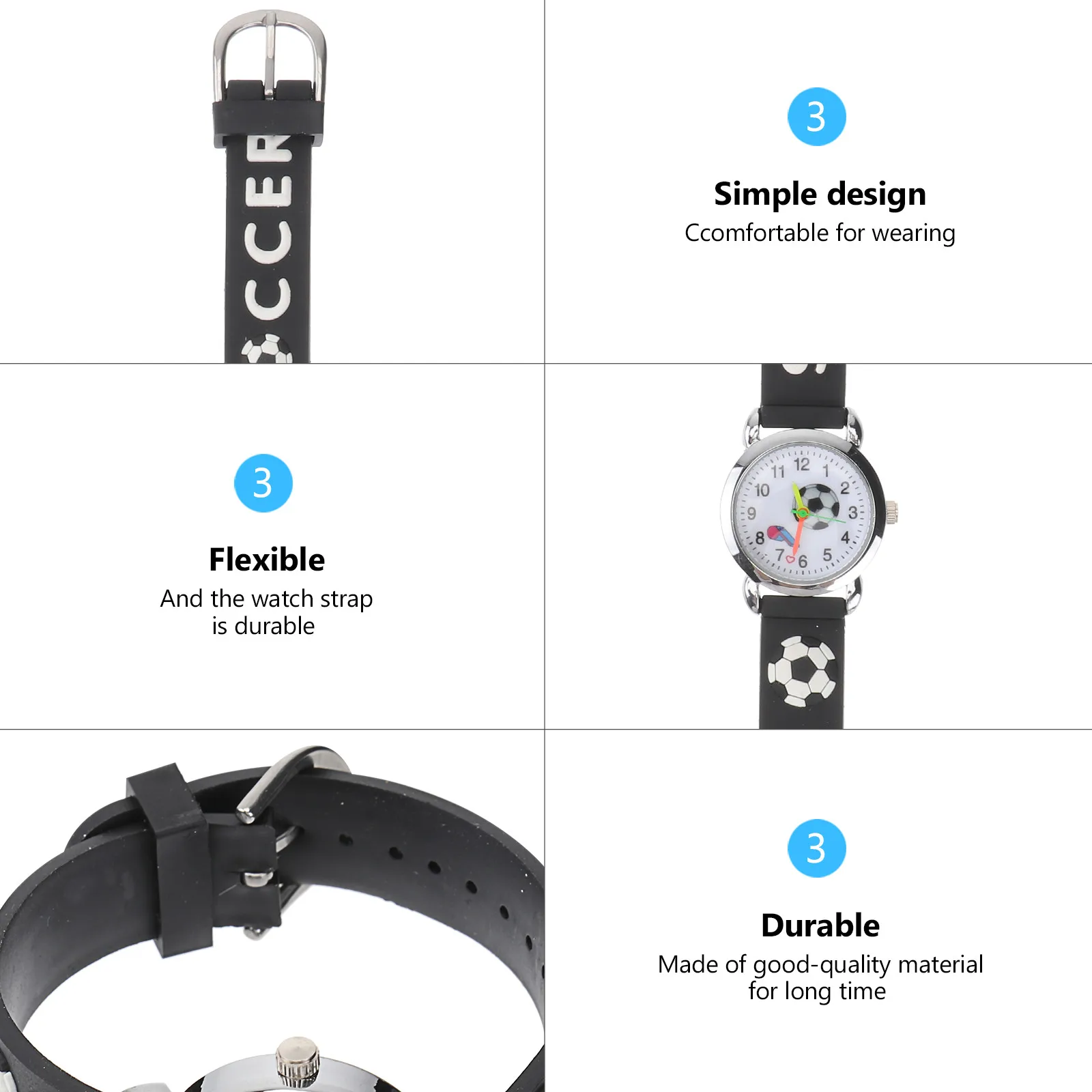 ساعة كرة قدم للأطفال كارتونية من السيليكون كوارتز للأطفال، ساعات معصم لطيفة للجنسين، هدية متينة باللون الأسود للأولاد والبنات