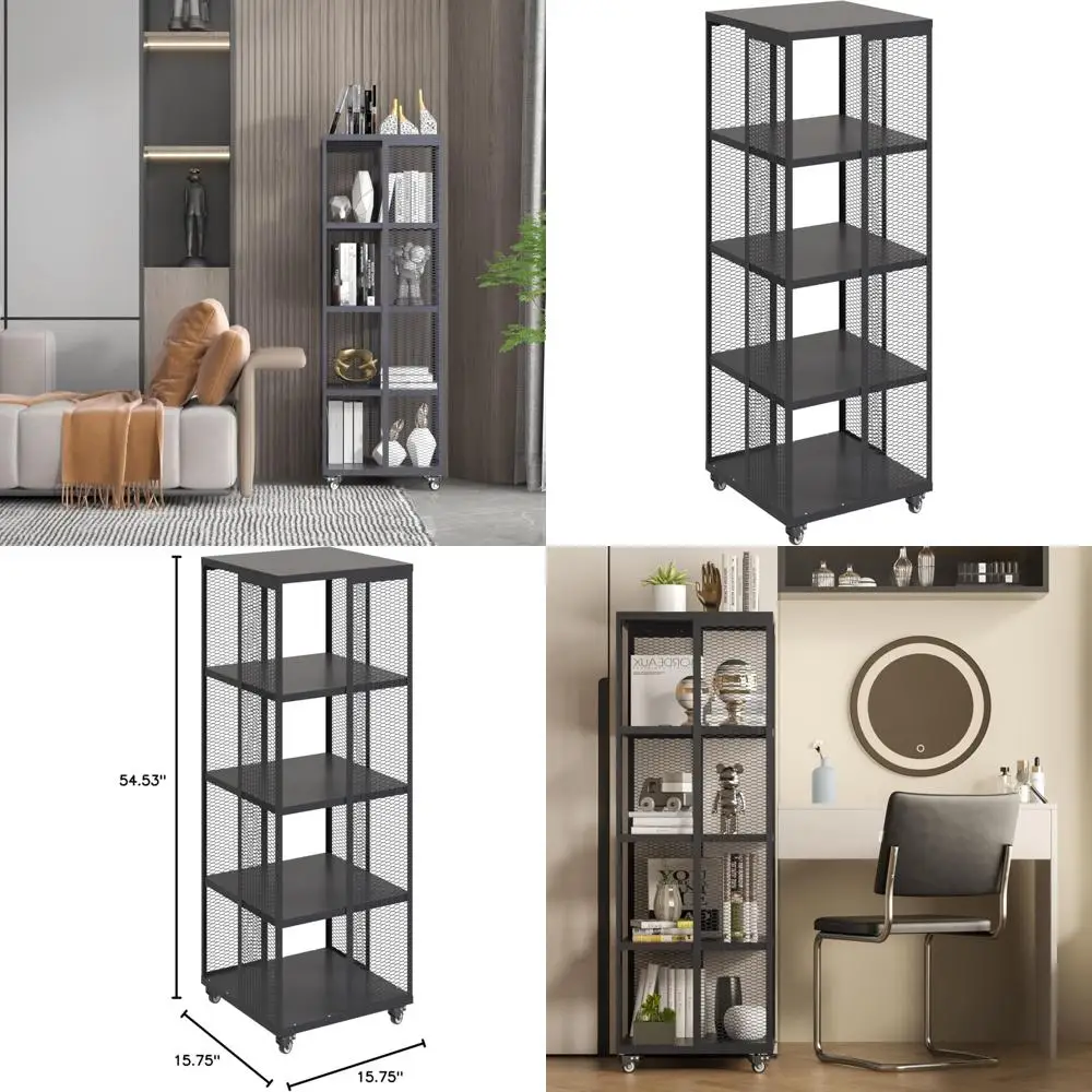 خزانة كتب دوارة معدنية بيضاء مكونة من 4 طبقات للمساحات الصغيرة مع حلول تخزين وأرفف إبداعية متعددة الطبقات