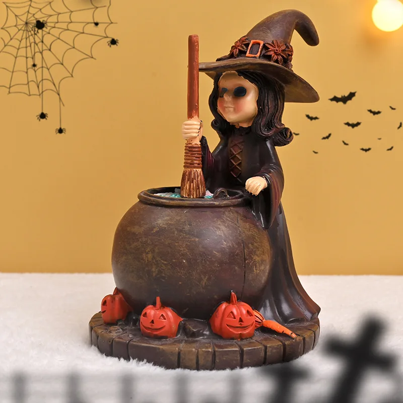 

Resin Halloween Pumpkin Witch Figurine Cartoon Home Decor Realistic Magic Potion Brewing Ornament Scary Funny Festival Decor