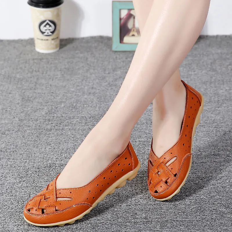 2023 Summer New Women Sandals Fashion Soft Sole Flat Heel Women Hollow Flat Shoes Woman Genuine Leather Shoes Female Casual