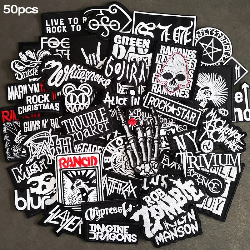 50pcs/lot Rock Band Music Patches Iron on for Clothing Punk Badges Appliques Stripes Jacket Jeans DIY Embroidery Stickers