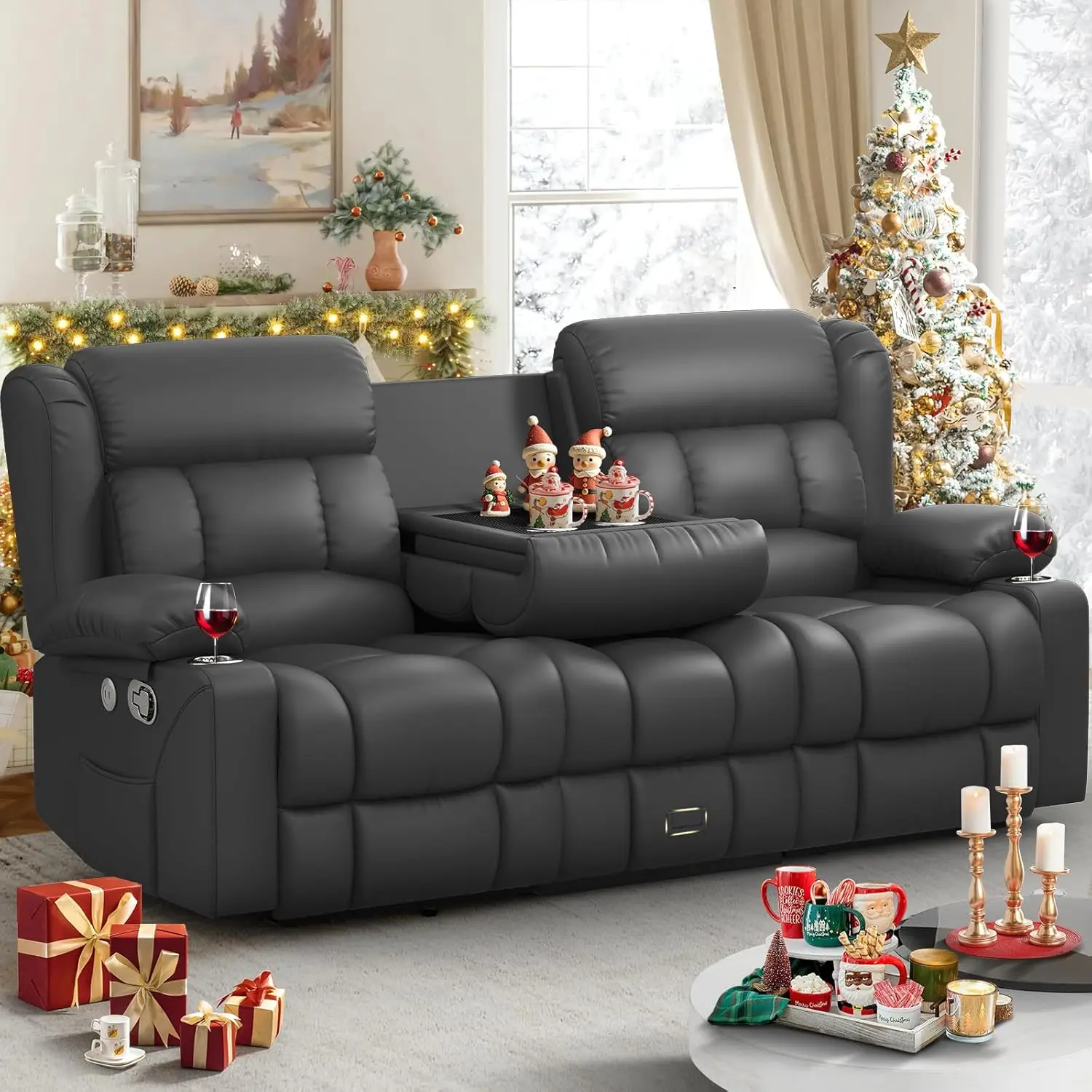 

Loveseat Recliner Sofa, Flip Middle Backrest Design PU Leather 3 Seat Reclining Sofa with Storage Drawer, Manual, Customized
