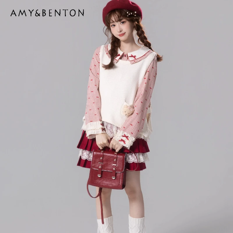 

Винтажный дизайн, кружевная женская рубашка в студенческом стиле, осень 2023, новая милая милая женская блузка с длинным рукавом и бантом, уменьшающая возраст