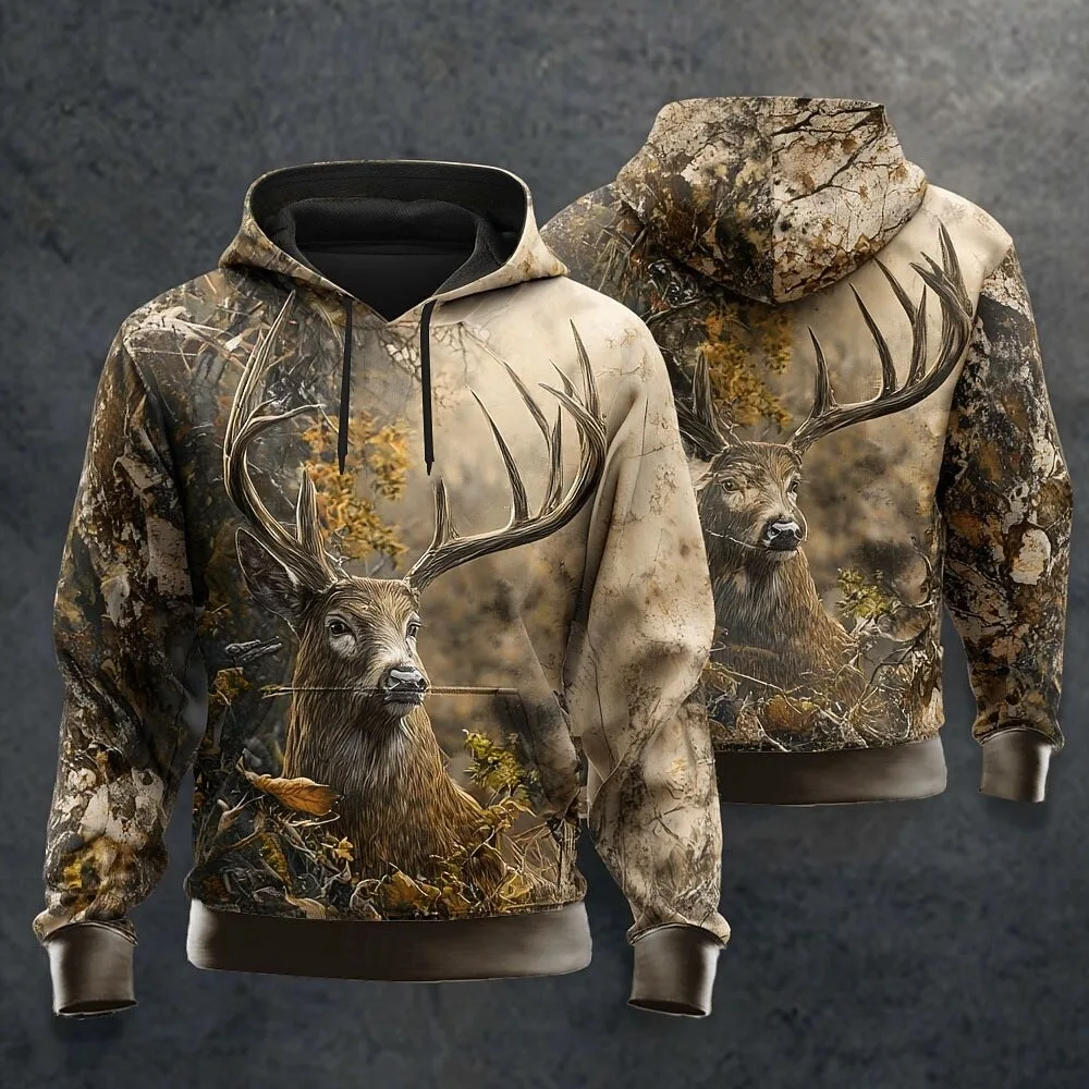 

Men's Deer print Hoodie Sweatshirt Fashion Classic Crew Neck Outdoor Hunting Yellow Brown Drawstring Men's oversized sportswear