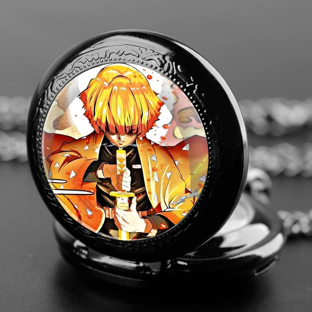 Demon Slayer Design Glass Dome Quartz Pocket Watch with Durable Chain Arabic Numeral Dial for Men and Women Creative Gifts