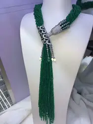 15row Luxury dragon head zircon tassel accessories long chain Fresh water pearl 2mm jade Necklace 27-30