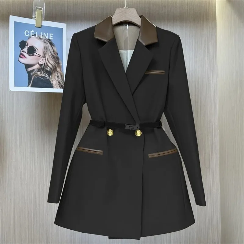 

2025 New Korean Hepburn Style Black And White Patchwork Blazer Coat Women Long Sleeved Slim Elegant Suit Jackets Ladies Top