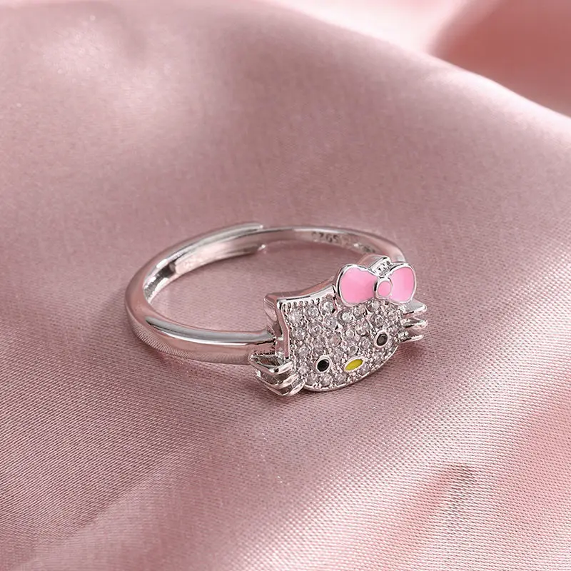 Sanrio Hello Kitty Diamond Open Ring Girlfriend Cute Stainless Steel Rings Kitty Rings for Girls Ladies Party Wedding Gifts