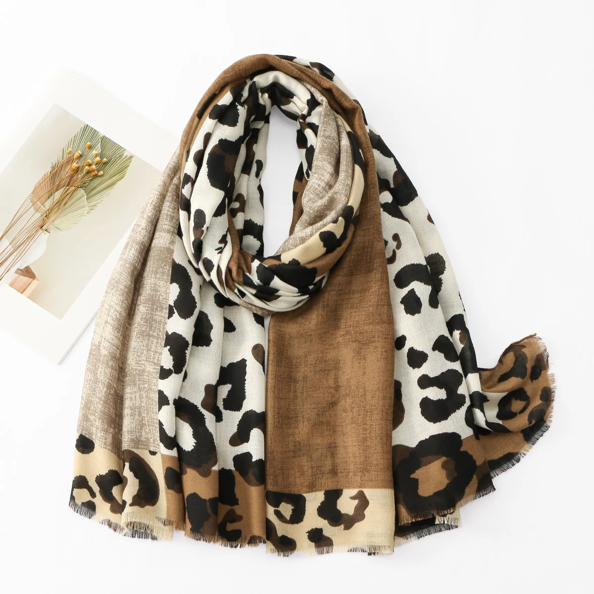 Versatile Cotton Wild Leopard Scarf Women Thin Brown Shawl Double Color Warm Shawl Fashionable Commuting Style Female Scarf