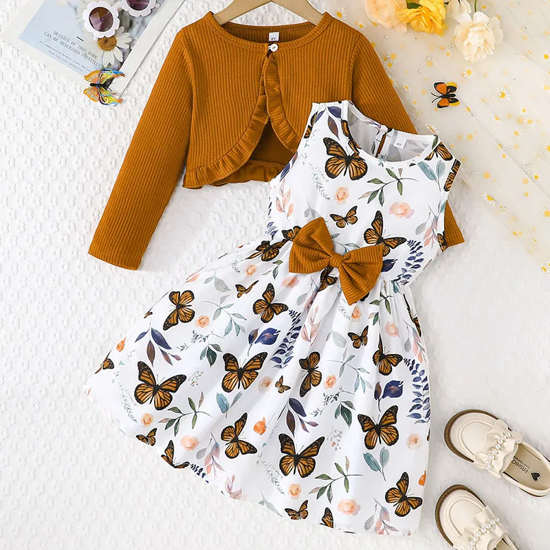 

2Piece Sets Spring Autumn Little Girl Clothes Korean Fashion Solid Long Sleeve Cotton Tops+Flowers Long Dress Baby Dresses B122