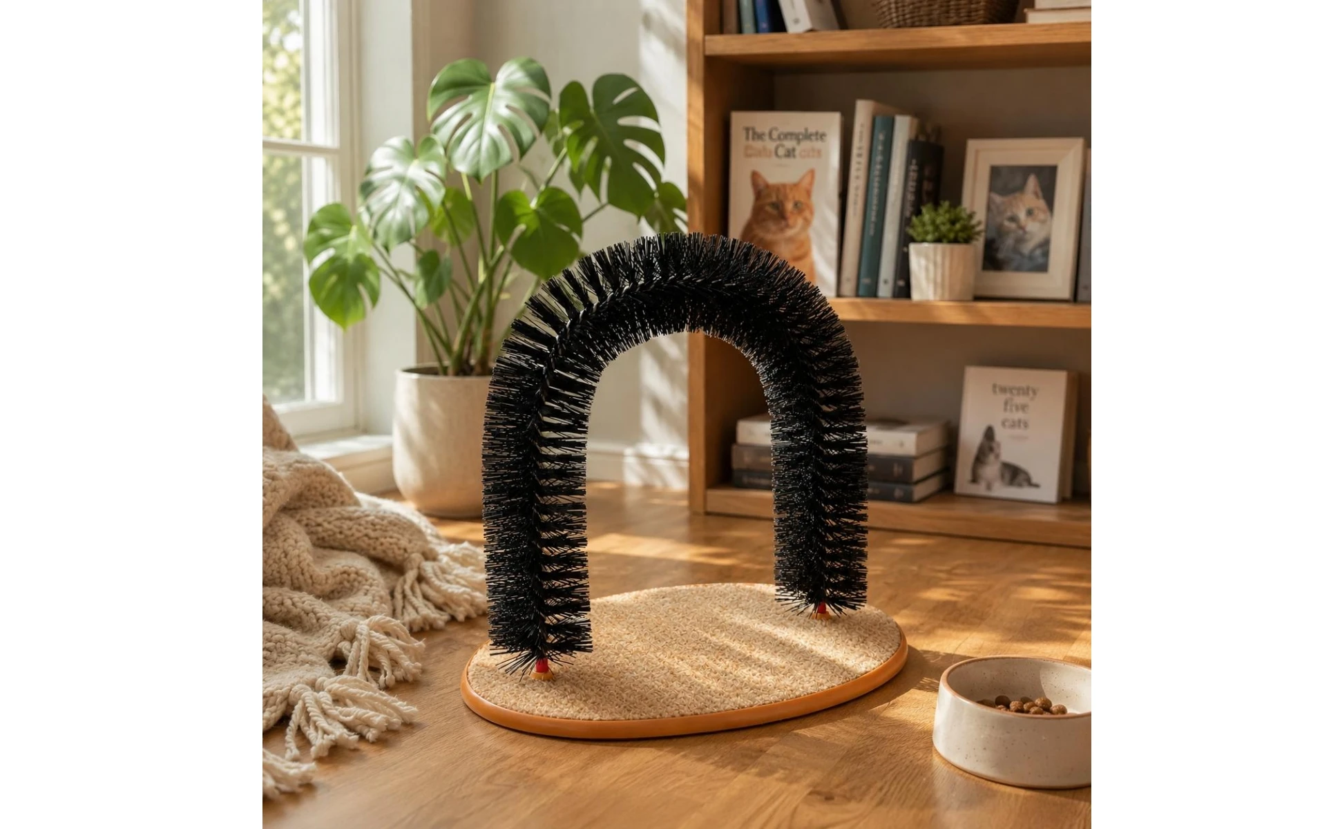 Feline Arch Scratcher Dense Bristles Feline Grooming Arch Bristle Scratcher Orange-Edged Rim Pet Accessory 3 in 1