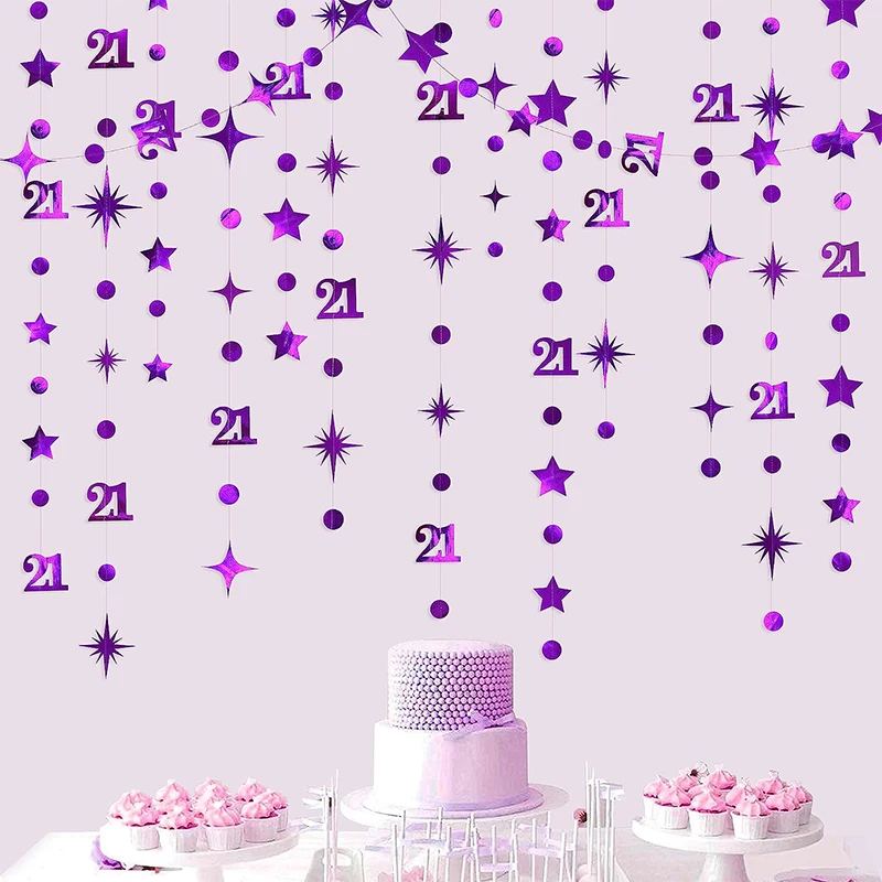 Purple Girls Boys 21st Birthday Streamers Bunting Banners Finally Legal Party Decor 21th Circle Dots Twinkle Star Paper Garlands