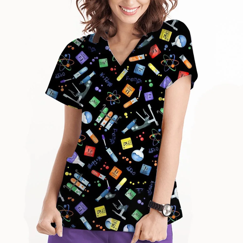 歯科女性の病院制服歯漫画プリント口腔ナーストップス V ネック半袖ポケット Tシャツナース制服女性