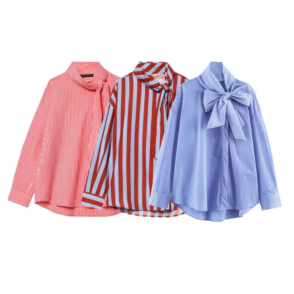 Women Elegant Striped Shirt Long Sleeve Bowknot Detail Polo Neck Blouse Fashion Office Commuter Slim Fit Pullover Tops New