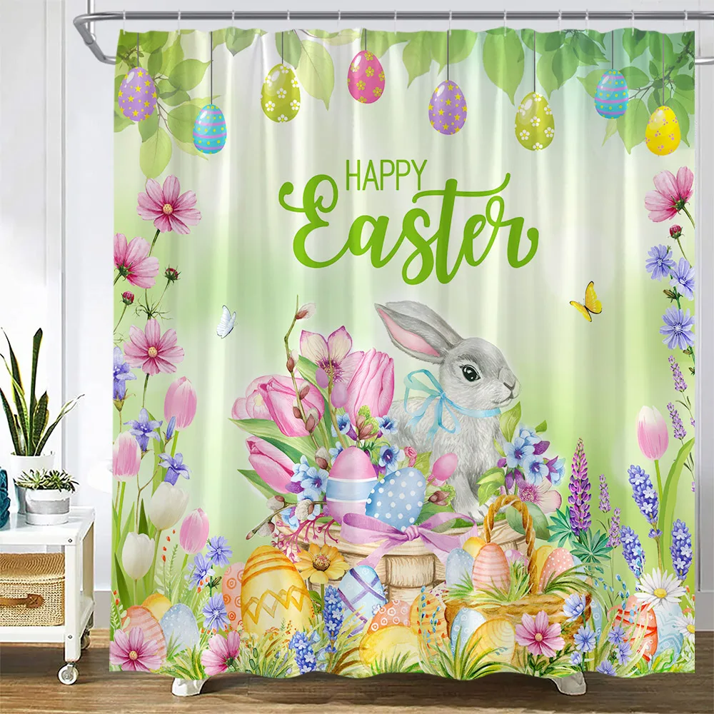 Easter Bunny Shower Curtains Spring Butterfly Tulips Flowers Plants Rabbit Eggs Bath Curtain Polyester Bathroom Decor with Hooks