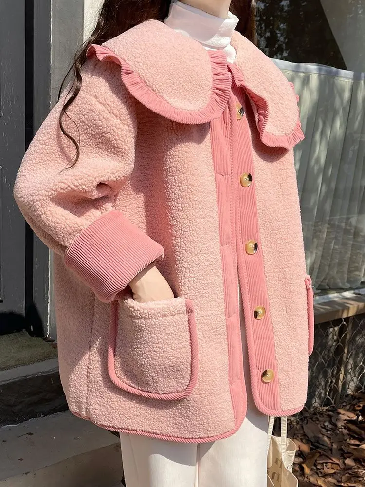 

Extra large size winter velvet pink loose coat top doll collar lamb wool thickened cotton coat coat women