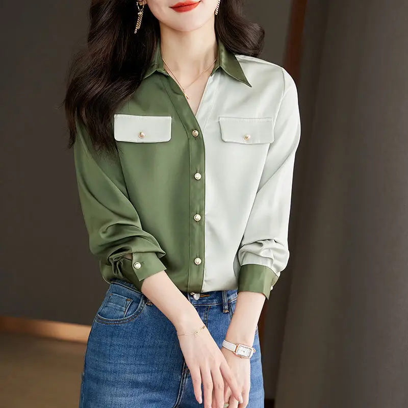 Office Lady Korean Clothing Fashion Long Sleeve Chiffon Shirt Spring Summer Women Casual Versatile Contrast Color Chic Blouse