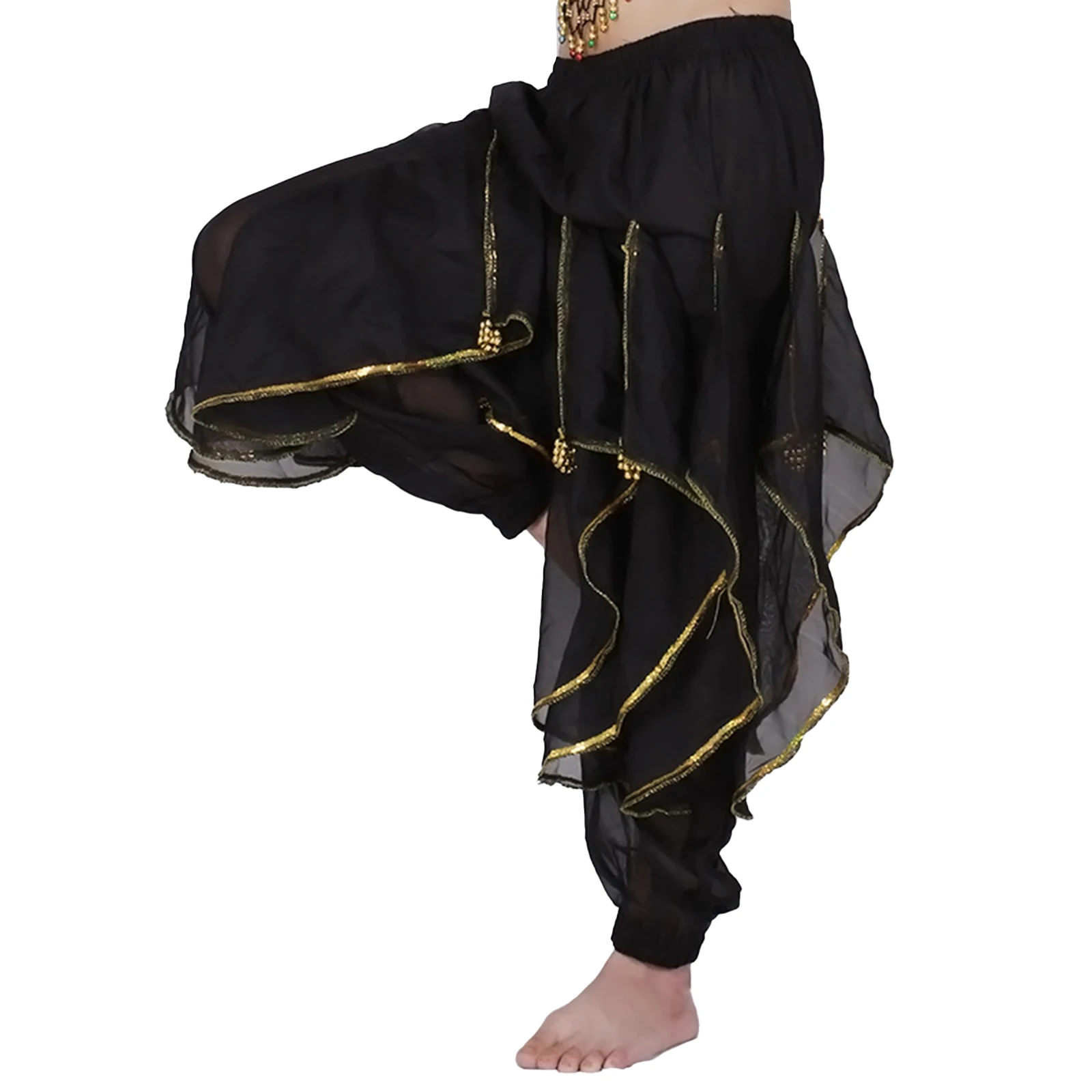 Womens Belly Dance Performance Costume Sequin Trim Pants Elastic Waistband Ruffles Trousers with Plastic Beads