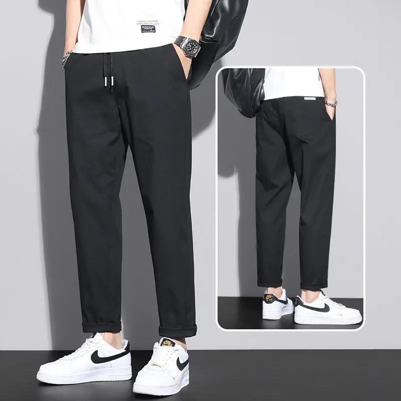 Casual Baggy Pants Men's Loose Straight Summer Thin Ice Silk Male Cropped Suit Pants  Elastic Waist Cotton Trousers Men Pants