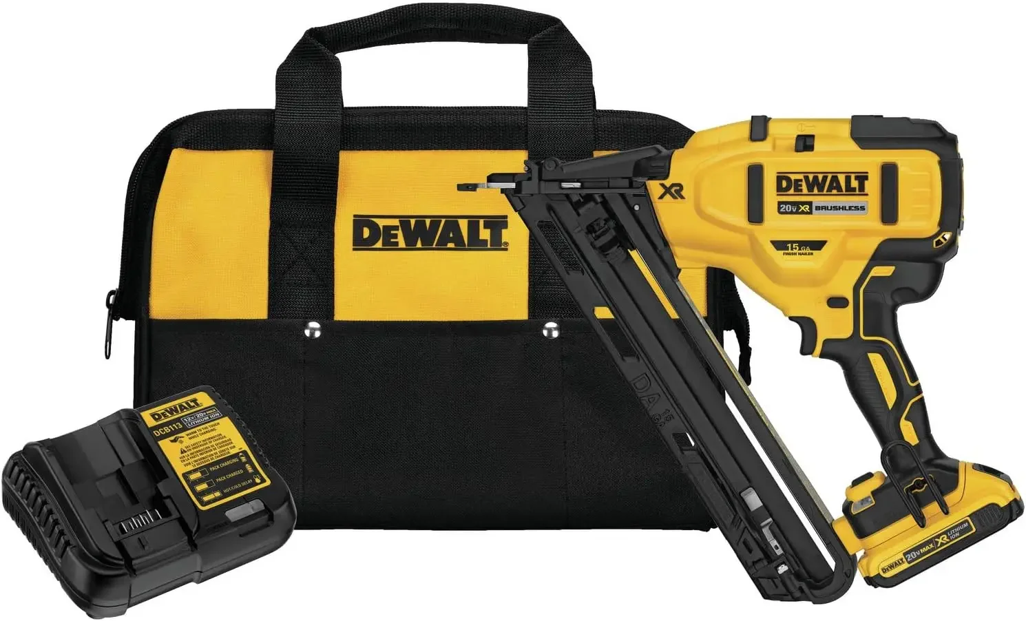 

DEWALT 20V MAX Finish Nailer Kit, Angled, 15GA, Battery, Charger & Bag (DCN650D1)