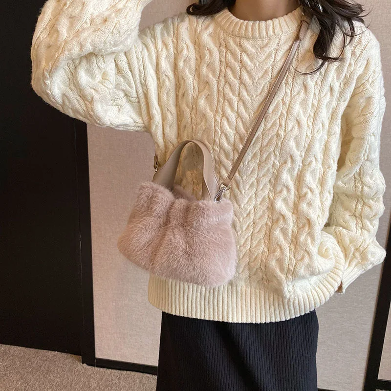 털가방 여성 2023 Fashion Women Faux Fur Handbags Soft Solid Color Plush Cross-Body Portable Winter Warm Designer Casual Lady Handbag