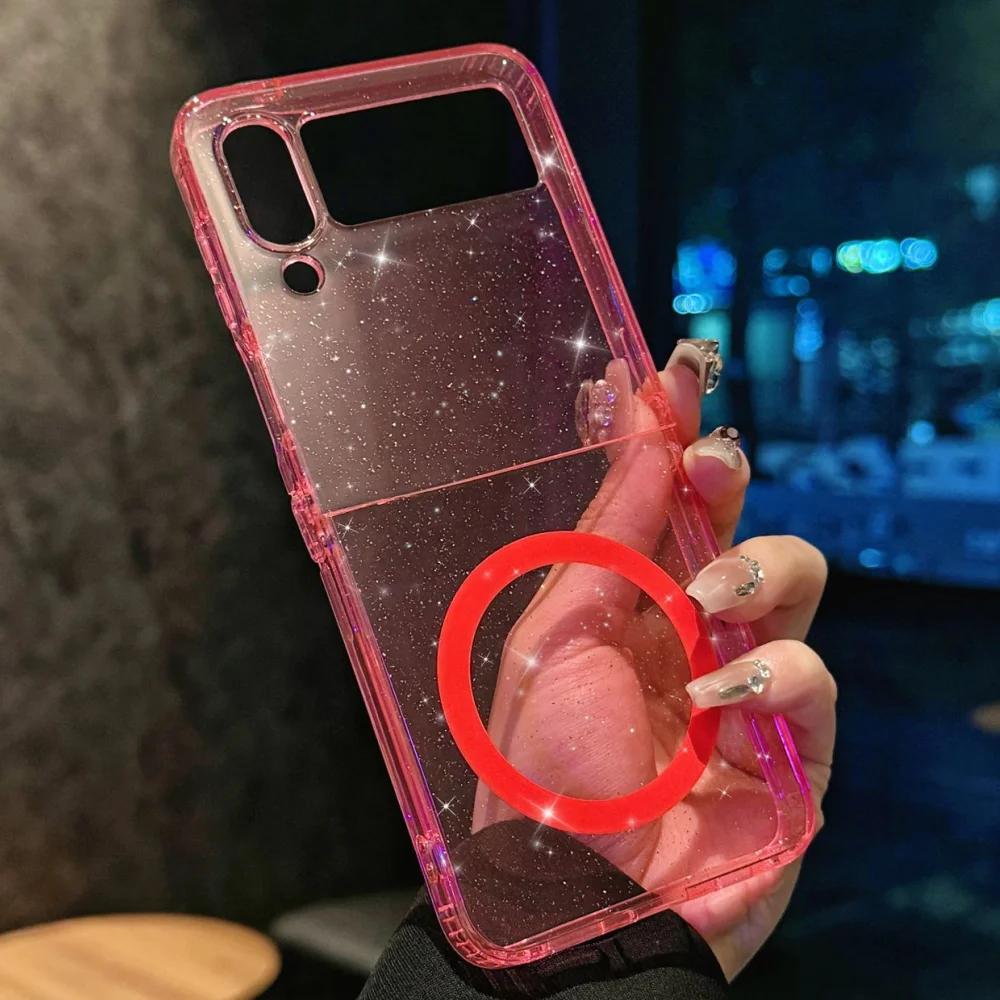 Funda Z Flip 7 con purpurina transparente de carga inalámbrica Magsafe Funda para Samsung Galaxy Z Flip 7 6 5 4 3 Funda transparente Flip7fe