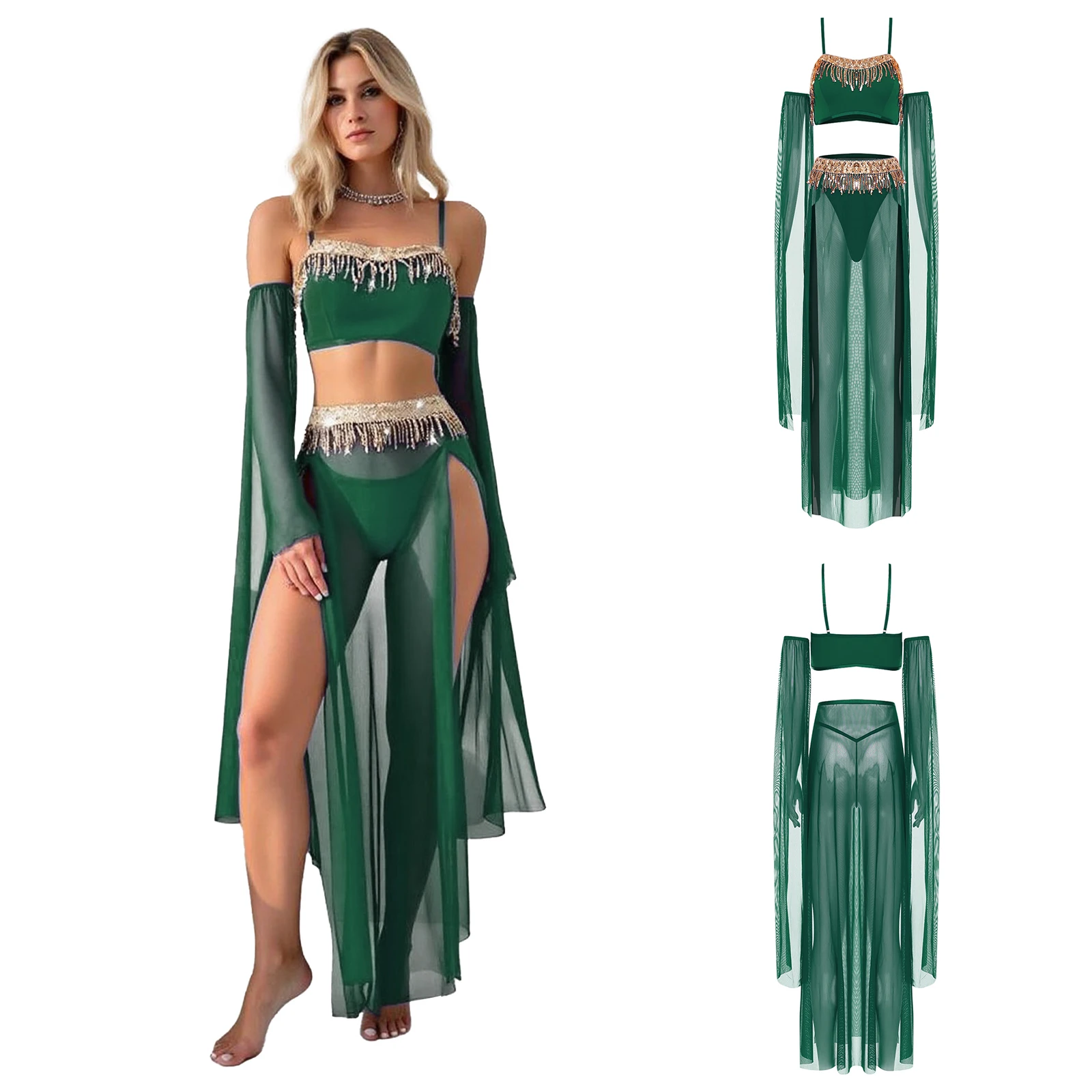 

Women Sissy Belly Dance Sequin Tassel Crop Top with Maxi Skirt And T-back Sheer Mesh Lyrical Belly Pole Performance Dancewear