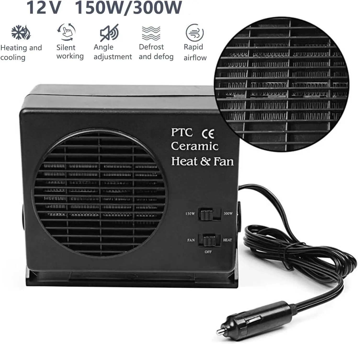 

2 In 1 Car Heater Cooling Heating 150/300W 12V Auto Heater Cooler Fast Heating for Driving Camping Travel Portable Car Heater