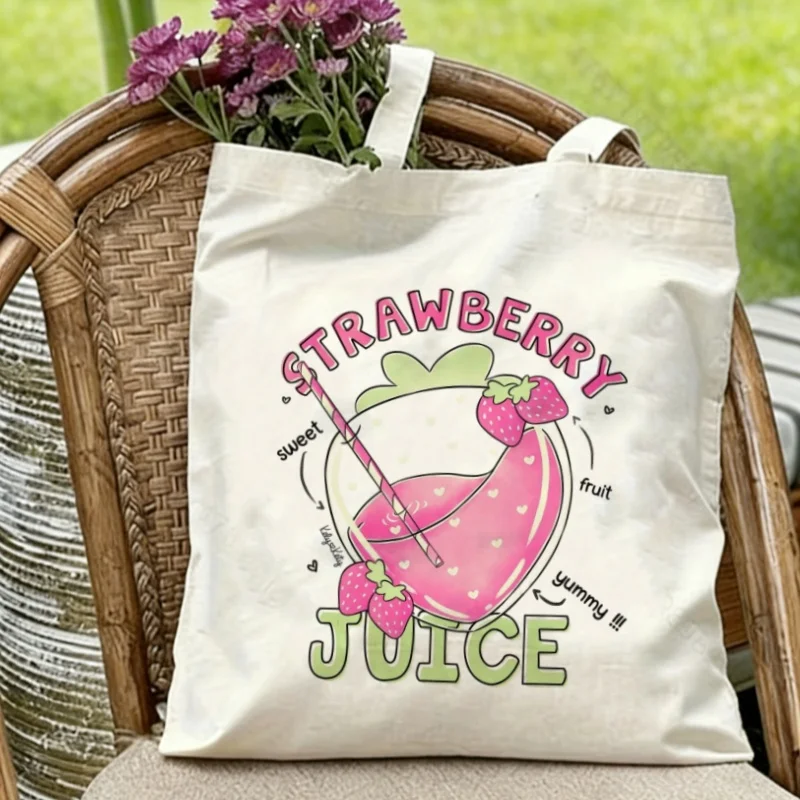 

1PC "Strawberry Juice" Canvas Tote Eco-friendly Reusable Shoulder Bag