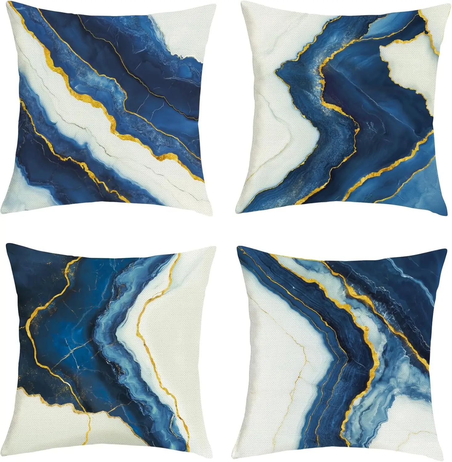 4pcs Blue Gold White Marble Agate Printed Pillow Cover Polyester Cushion Case 2D Flat Luxury Decor Now