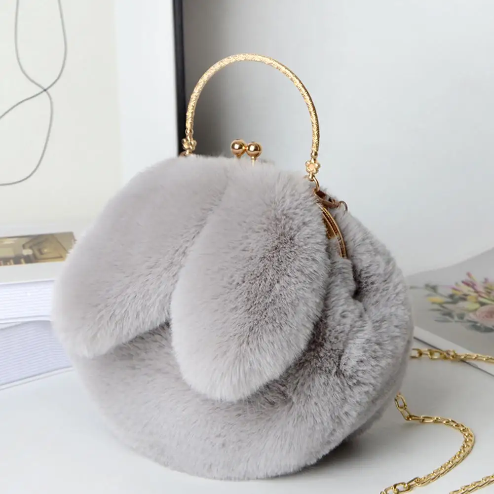 Luxury Soft Plush Rabbit Ear Half Moon Bag Faux Fur Party Clutch Bag Lady Handbags Fluffy Female Winter Purse Casual Bag