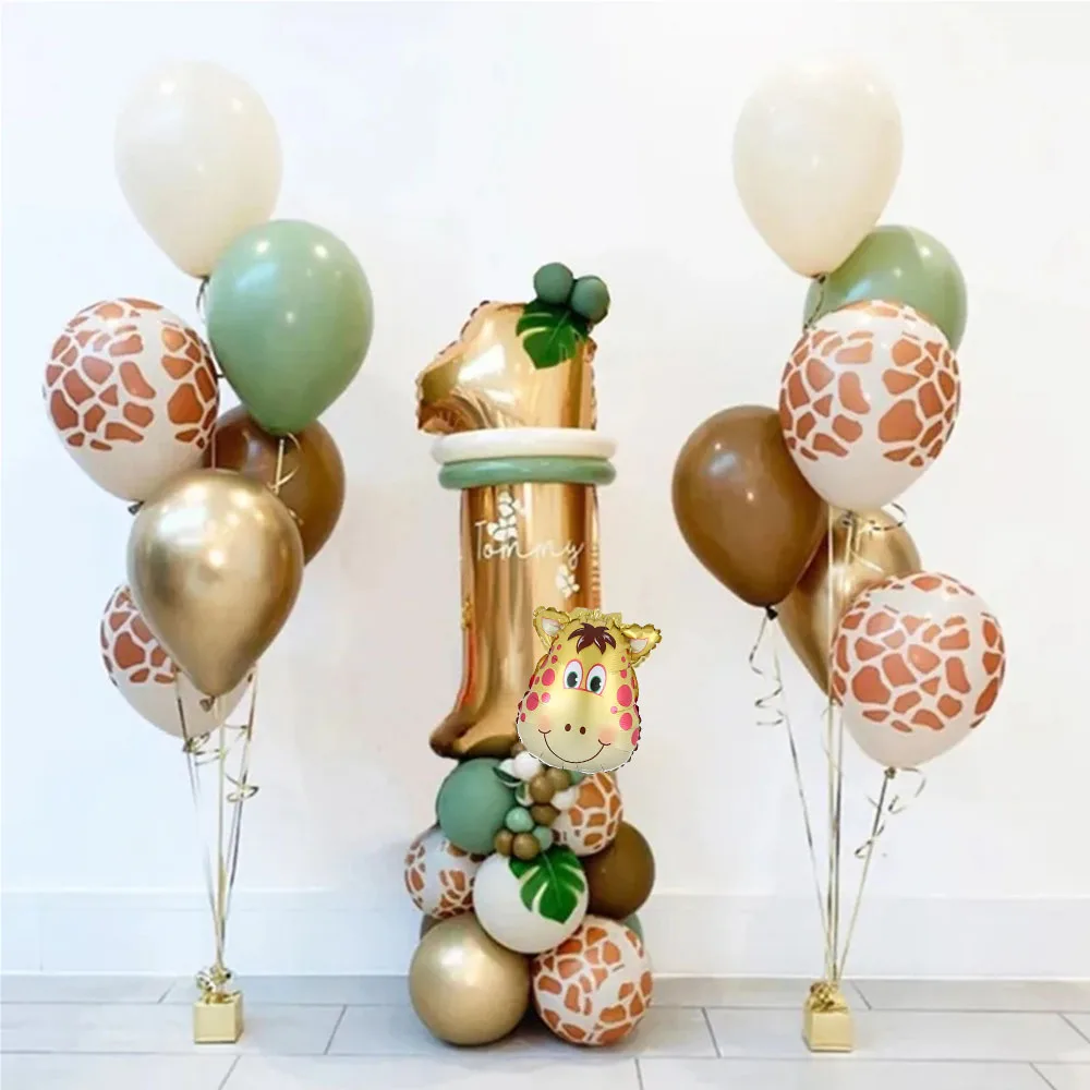 30pcs Jungle Safari Animal Number Balloons Set Kids 1 2 3 Years Birthday Party Decorations Wild One Green Latex Helium Globos