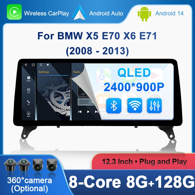 Wireless Carplay Car Multimedia Player for BMW X5 E70 X6 E71 2008-2013 CCC CIC System Android14 DSP Stereo GPS Right Hand Drvie