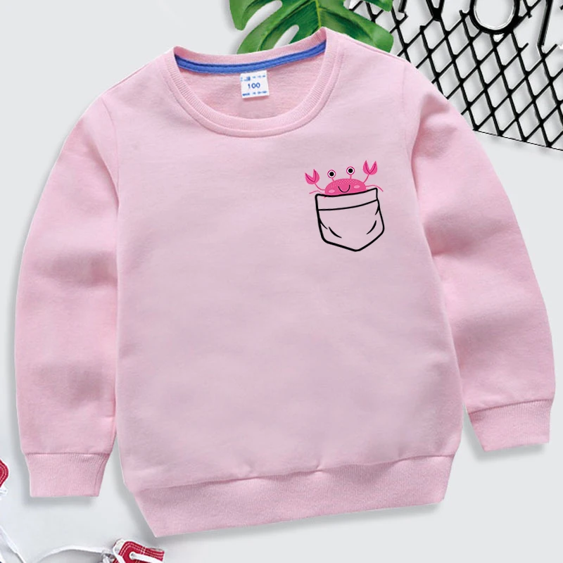 

Autumn And Winter Popular Crab Pocket Print Round Neck Sweatshirts For Kids Children Loose Clothing Hoodless Pullovers