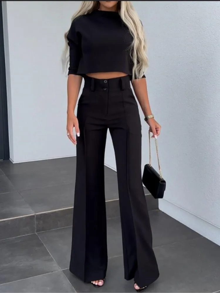 Casual Long Sleeve Shirt Pants Set Office Lady Spring Autumn Fashion Solid O-neck Tops Trousers Two Piece Set Women Outfit 2023