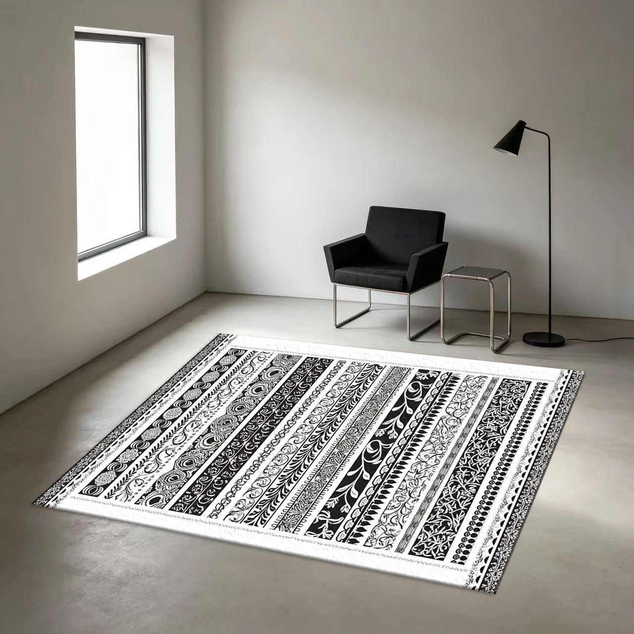 Vintage Ornate Floral Border Striped Black and White Pattern Carpet Floor Decoration Rug Suitable for Living Room, Study, Home Interior Decoration