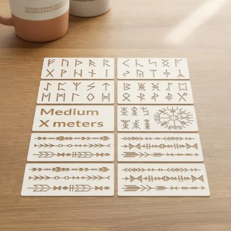 8Pcs Viking Rune Stencils Reusable PET Painting Templates Norse Symbol Arrow Border DIY Wall Wood Fabric Journal Craft Decor