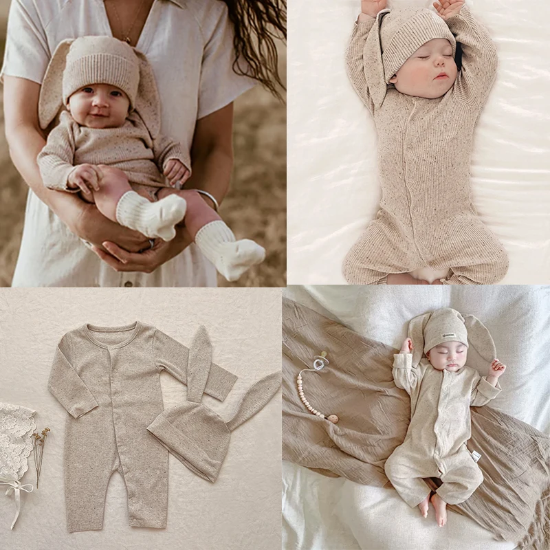 Baby Photo Shotting Rompers Outfits Autumn Simple Jumpsuits Pants+Rabbit Long Ear Hat 2pcs/set Newborn Photography Clothing