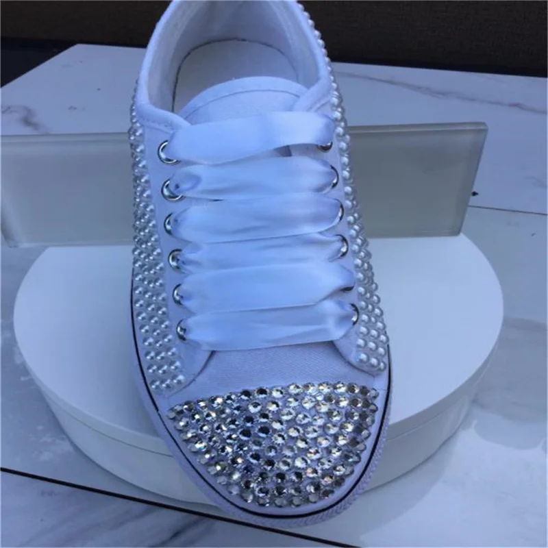 Personality design sense comprehensive rhinestone pearl fashion all matching shoes Canvas shoes Heavy industry comfortable banqu